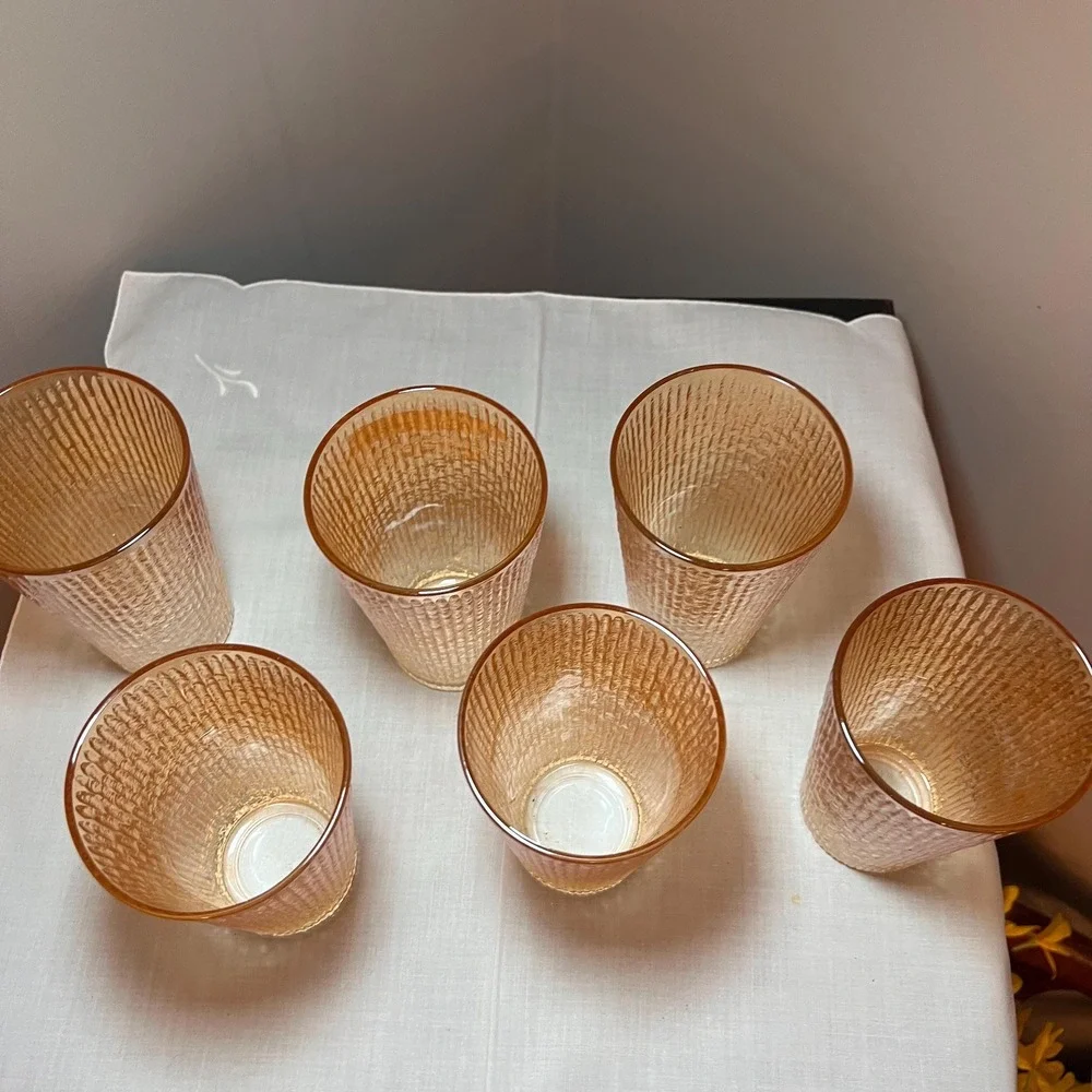 Set of 6 Vintage Amber Textured Drinking Glasses Mid Century Retro Tumblers